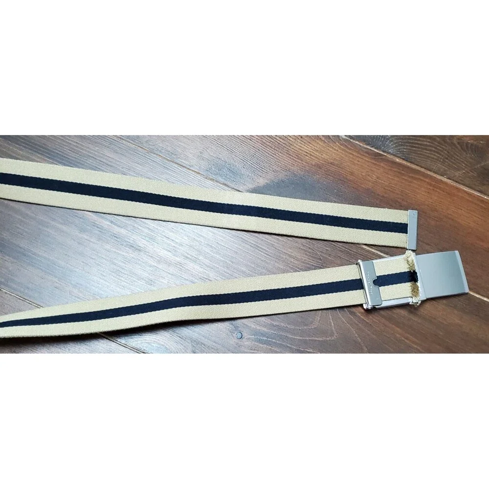 Ratchet Belt Mens 40-42 Beige Canvas Silvertone Buckle Reversible to Blue Stripe